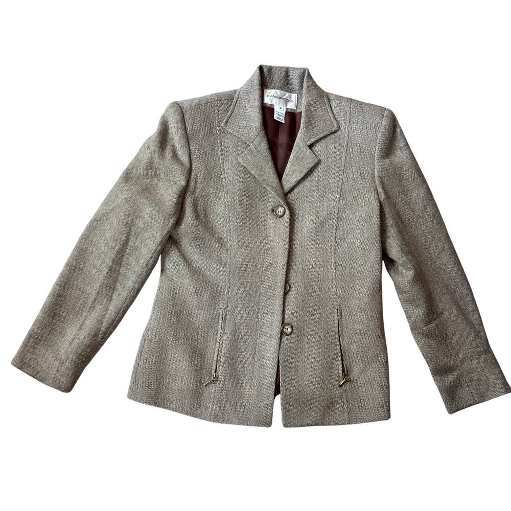 Evan Picone Women's 8 USA 100% Wool BlazerTaupe Small Chevron